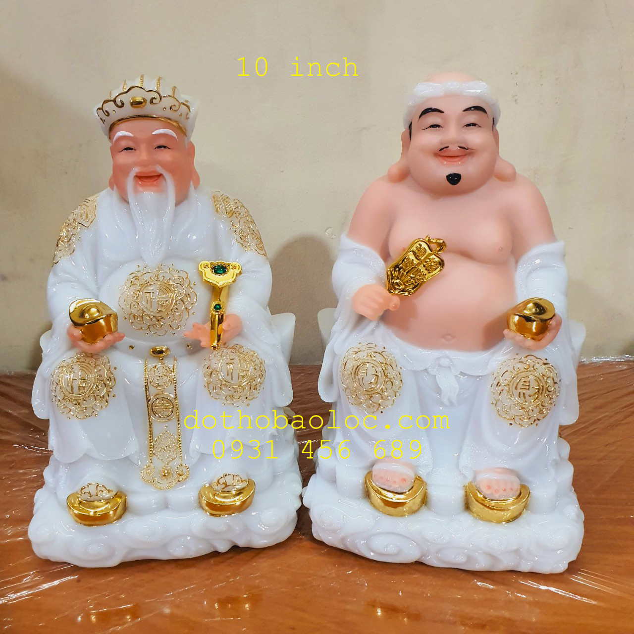 Cặp tượng thần tài ông địa đá cao cấp nhập khẩu Đài Loan màu trắng cao 25cm