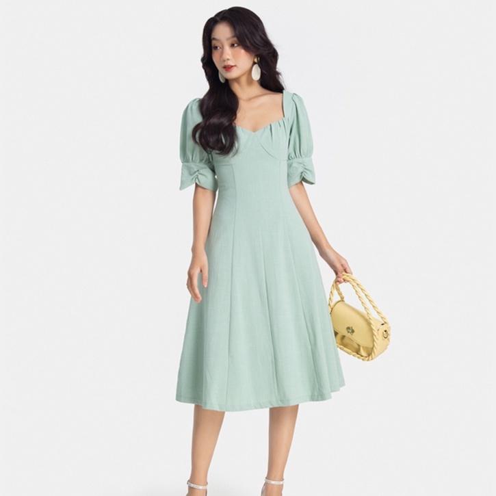 Đầm midi nữ HNOSS tay phồng nhúng ngực HNDLU028
