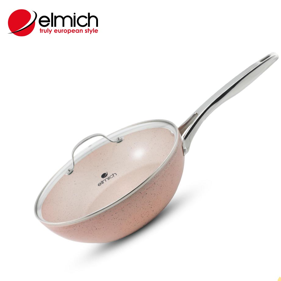 CHẢO VÂN ĐÁ CHỐNG DÍNH CAO CẤP ELMICH CÓ ĐÁY TỪ VUNG KÍNH SIZE 28CM