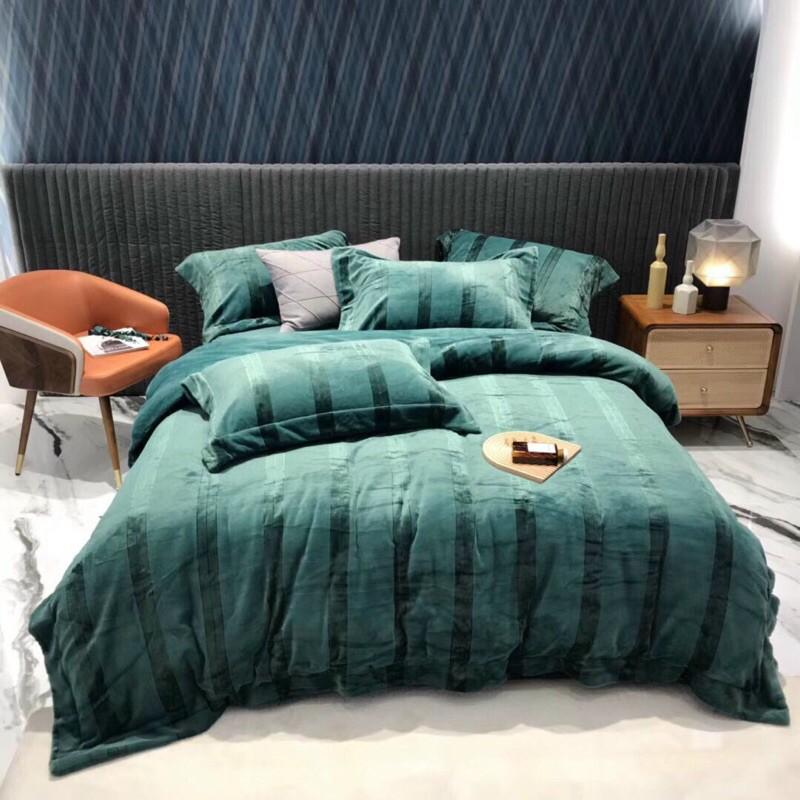 Bộ chăn ga gối nỉ nhung kẻ sọc cao cấp 4 món