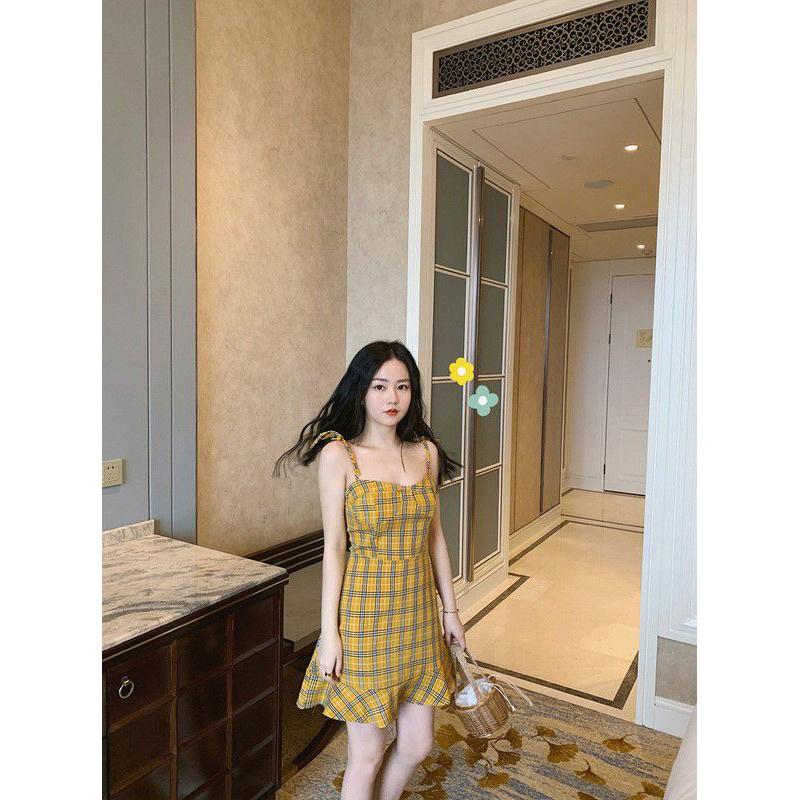 Đầm 2 Dây Caro Màu Vàng Cực Xinh ảnh thật