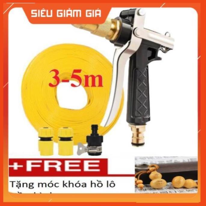 Bộ dây vòi xịt nước rửa xe,tưới cây . tăng áp 3 lần,loại 3m,5m 206236 đầu đồng,cút,nối nhựa đen+ tặng móc khoá