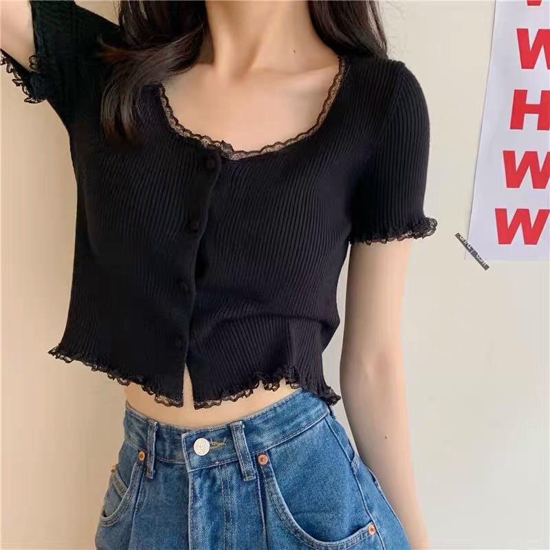 Áo Crop Top Chất Liệu Co Giãn, Có Nút - Nhiều Màu