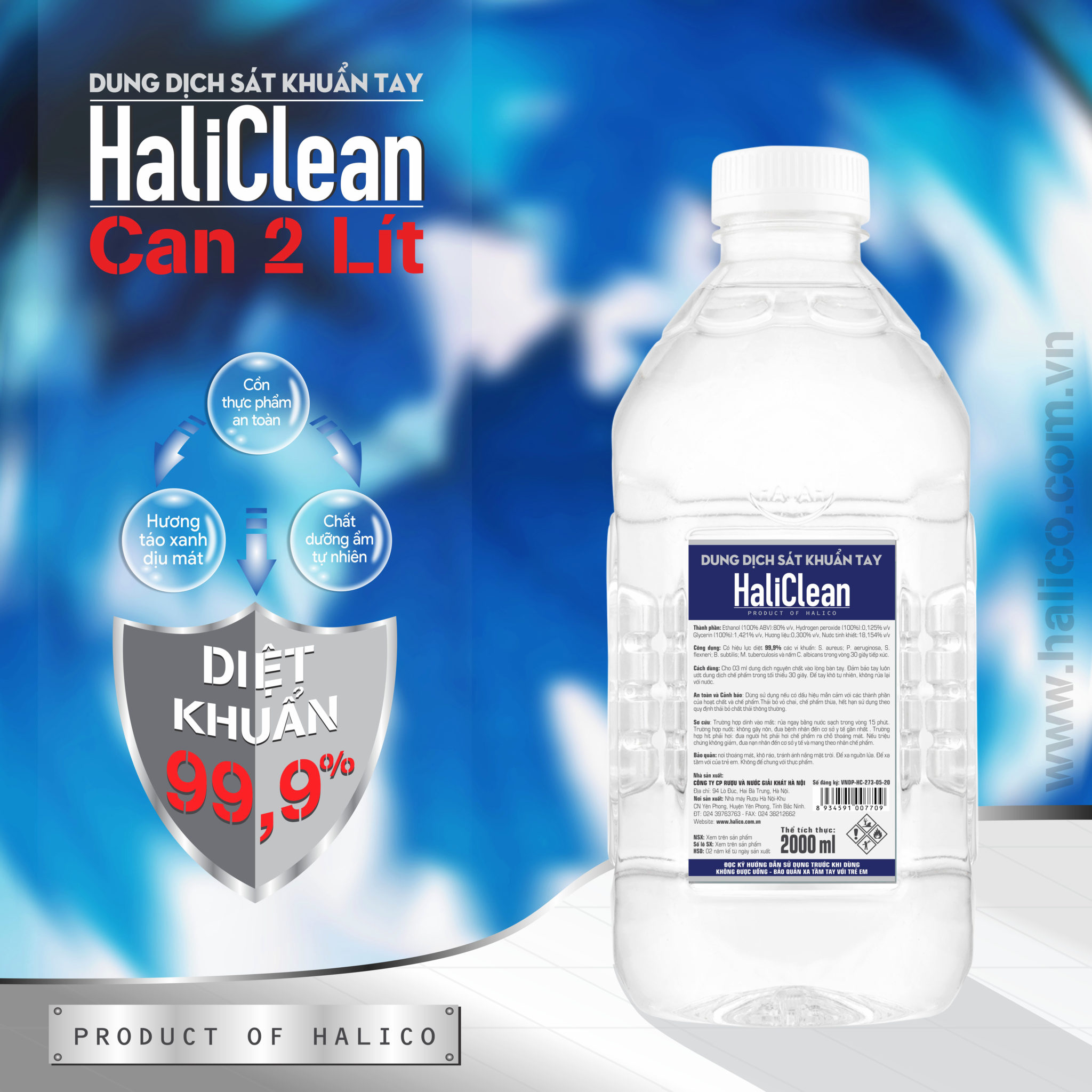 [ Mới-Chính hãng ] Nước sát khuẩn tay HaliClean Size Lớn 2000ml hương táo xanh cho bình xịt máy phun khử khuẩn