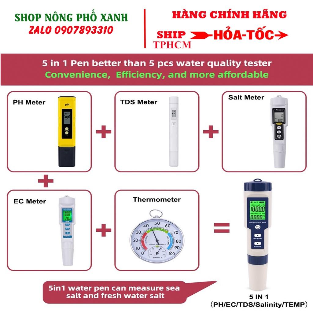 Bút đo độ mặn của nước 5 trong 1 pH/TDS/EC/độ mặn/nhiệt độ kèm 3 gói pH chuẩn