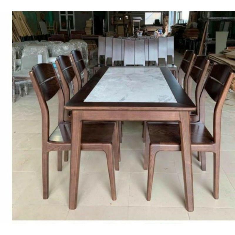 Bộ Bàn Ăn 6 Ghế Chân Chéo, Mặt Đá, Ghế Liền