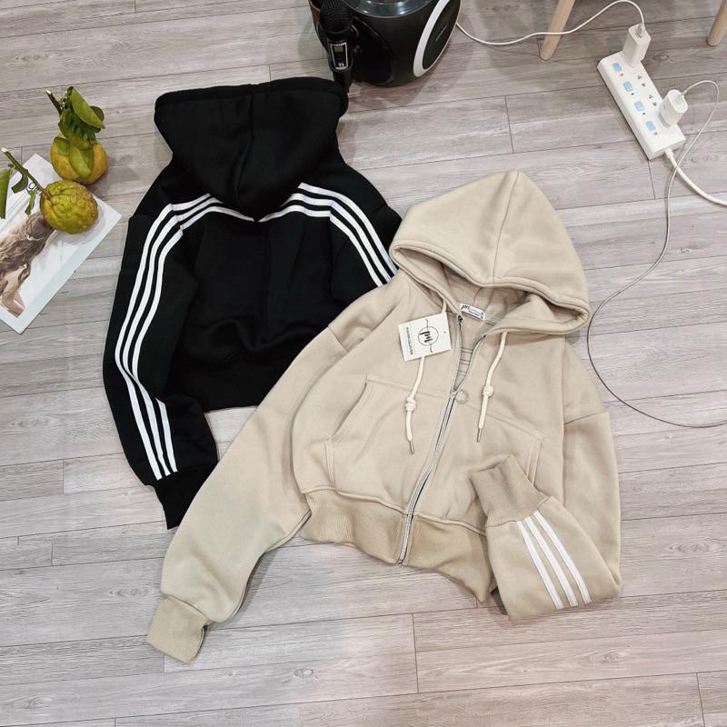 Áo khoác nữ chống nắng Croptop 3 Sọc Dáng Rộng Mũ To 3 sọc bao chất phối đẹp-A2116 - Xám Sọc Nón To