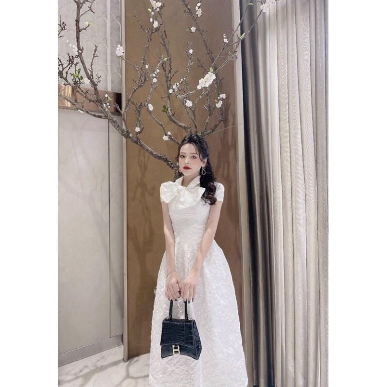 Đầm dự tiệc gấm tay ngắn nơ cổ ivy fashion - size M/L -MS225V đi biển dự tiệc dạo phố bigsize gợi cảm sexy
