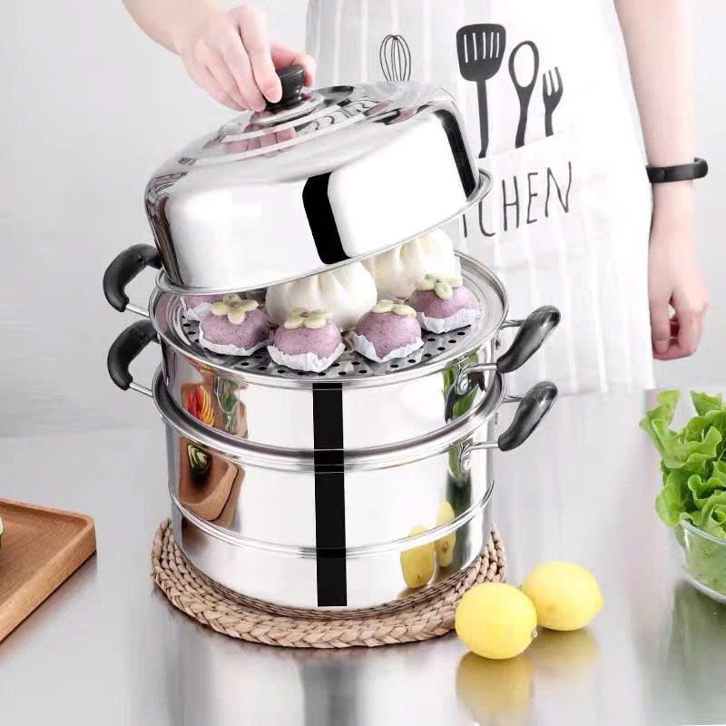 Nồi Hấp Inox 3 Tầng Siêu To 28CM Dùng Cho Cả Bếp Từ Và Bếp Ga, Nồi Hấp Bánh Bao Bánh Flan Hấp Thức Ăn Tặng Kèm Xửng Hấp - HÀNG CHÍNH HÃNG MINIIN