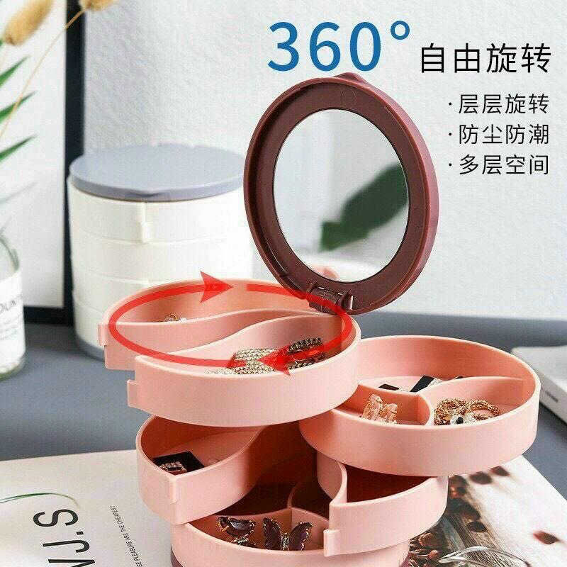 Hộp Đựng Trang Sức Tròn Có Gương 4 Tầng Xoay 360 Độ Tiện