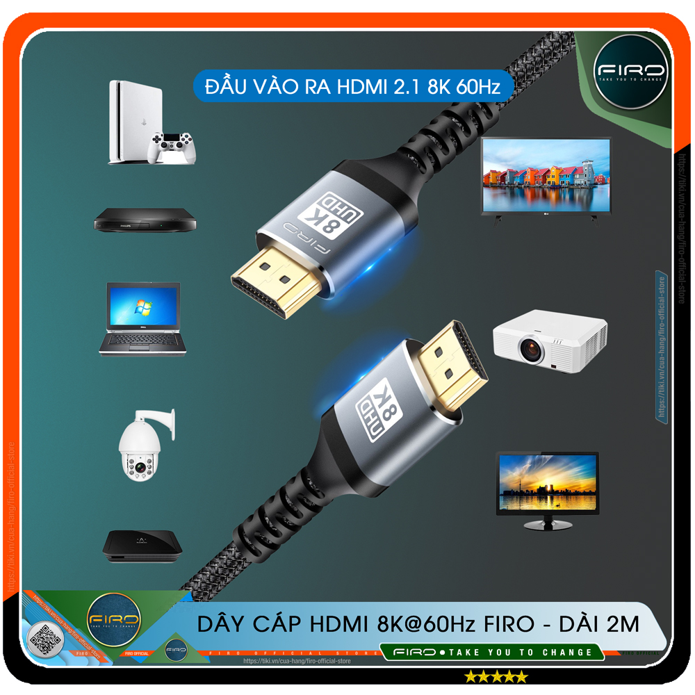 Cáp HDMI FIRO ATMOS - Dây HDMI 2.1 8K/60Hz/48Gbps - Dài 2M Lõi Dù Dùng Cho Tivi/ Máy Tính/ Playstation - Hàng Chính Hãng