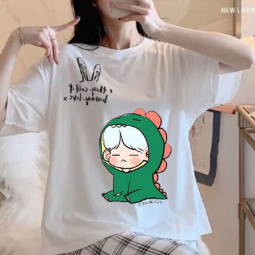 Sét Bộ Nữ SS20, Sét Đồ Nữ Đi Chơi Đẹp In Cô Gái Khủng Long Xanh, Sét Áo Vải Cotton, Và Quần Kẻ Màu Cá Tính