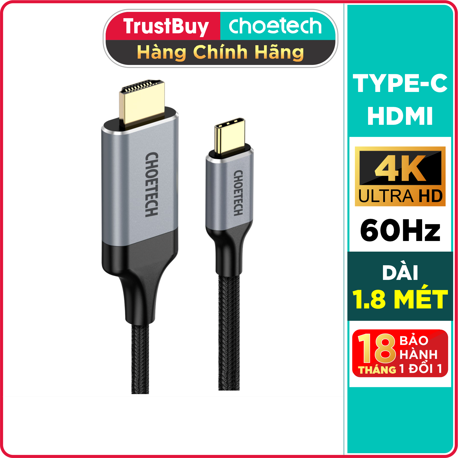 Dây Cáp Type C To HDMI 4K 60Hz Dài 1.8M, Dây Nylon Dù Thunderbolt 3 CHOETECH CH0021 - Hàng Chính Hãng