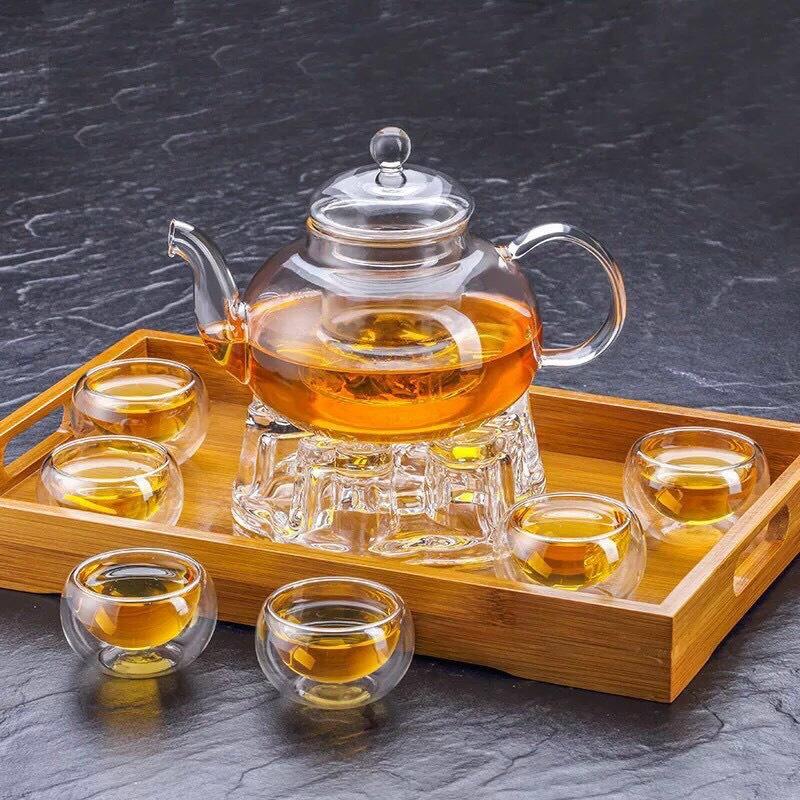 Bộ ấm chén thủy tinh kèm khay, đế châm nến hình tim