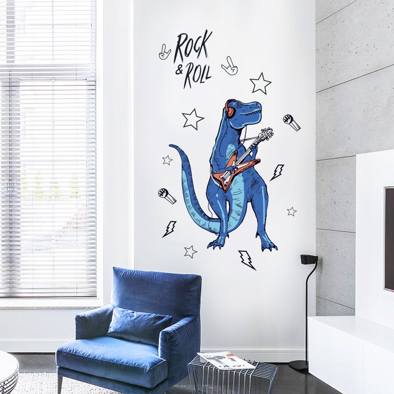 Decal dán tường khủng long xanh Rock and Roll sôi động