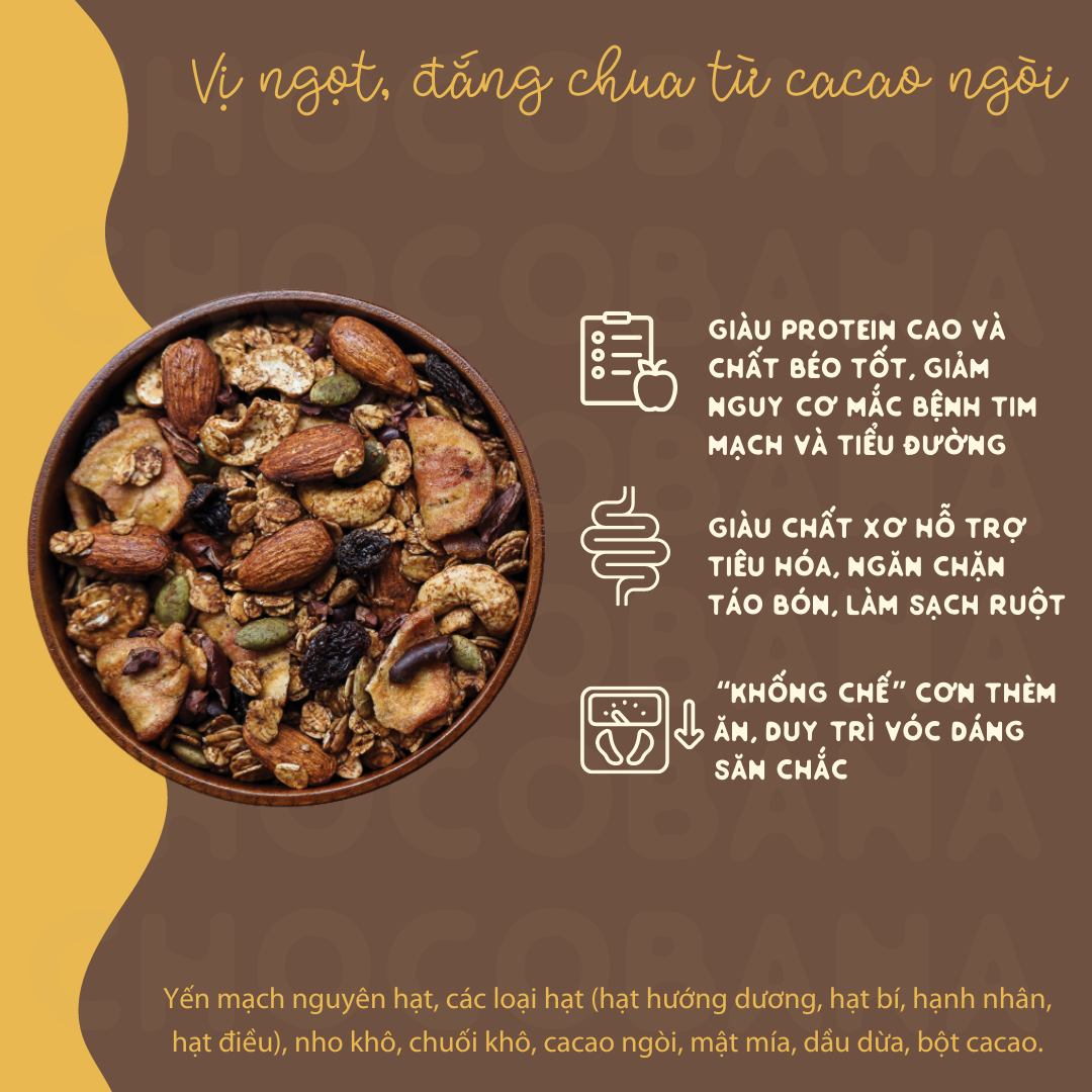 Ngũ Cốc Ăn Sáng/Ăn Kiêng Không Đường Tinh Luyện Vị Cacao Chuối 280g - Granola Choco Bana HAPPI OHA