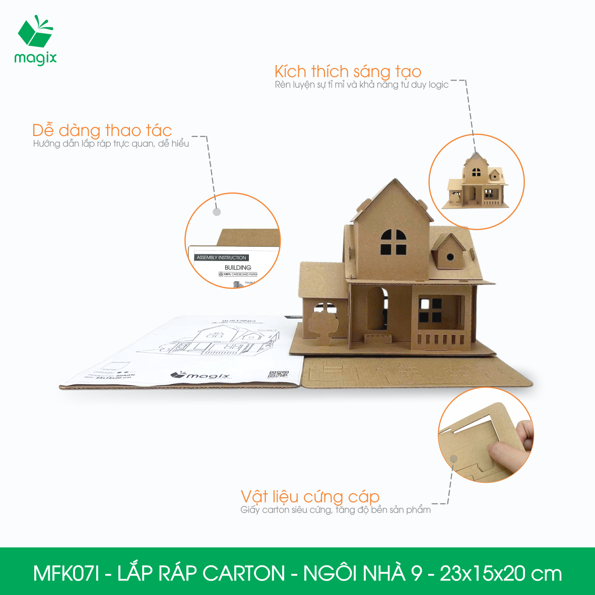 MFK07I - 23x15x20 cm - Mô hình ngôi nhà lắp ráp từ bìa carton cao cấp, nhà giấy carton mini sáng tạo