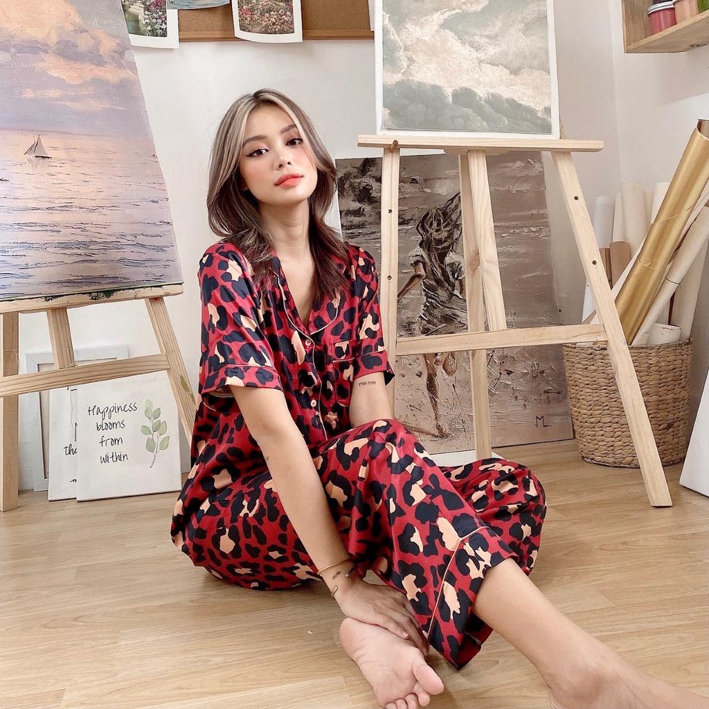 Bộ Lụa Dài Tay Ngắn Họa Tiết Mặc Nhà