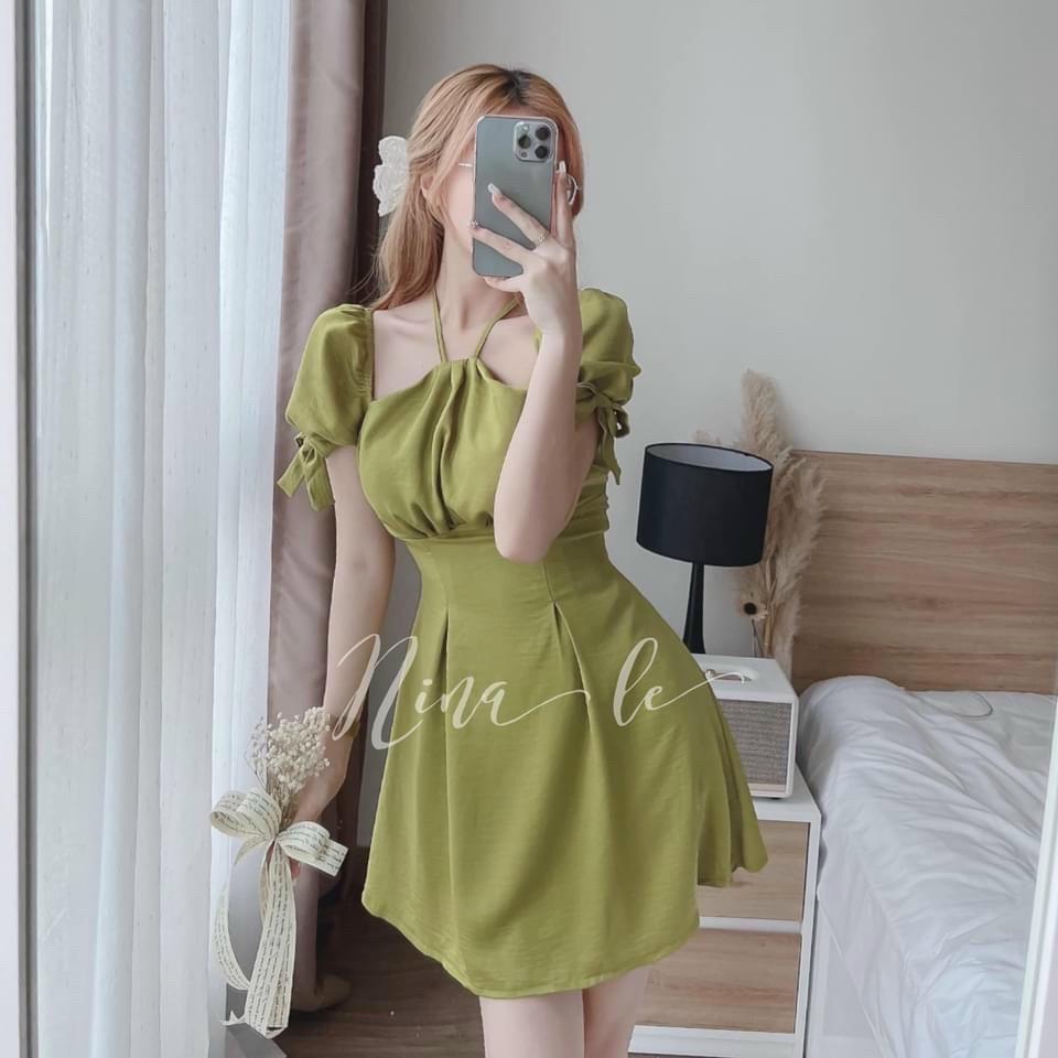Đầm váy nữ cổ kiểu yếm tay ngắn buộc nơ ôm eo dáng xòe gợi cảm, quý phái cho nàng dự tiệc
