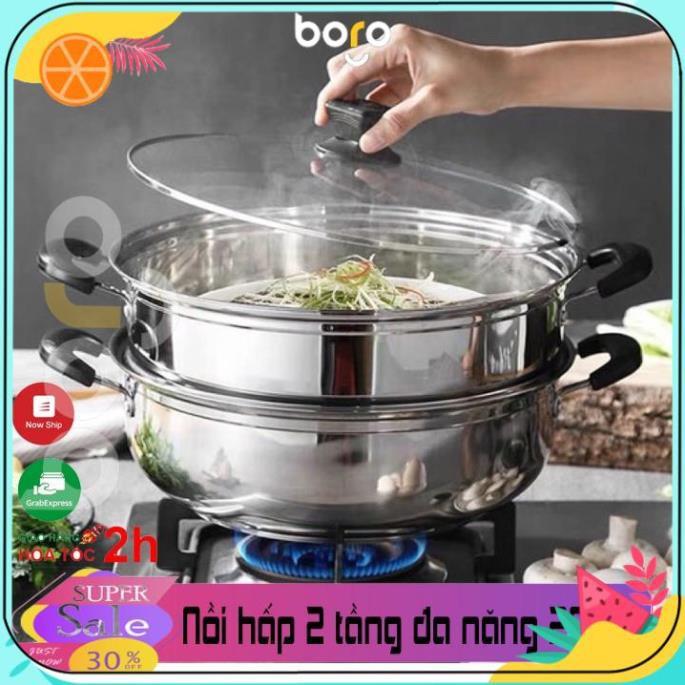 Nồi Hấp 2 Tầng kiêm nồi Lẩu Hấp Bánh, Hải Sản, Nấu Xôi Chất Liệu Inox Dùng Cho Mọi Loại Bếp