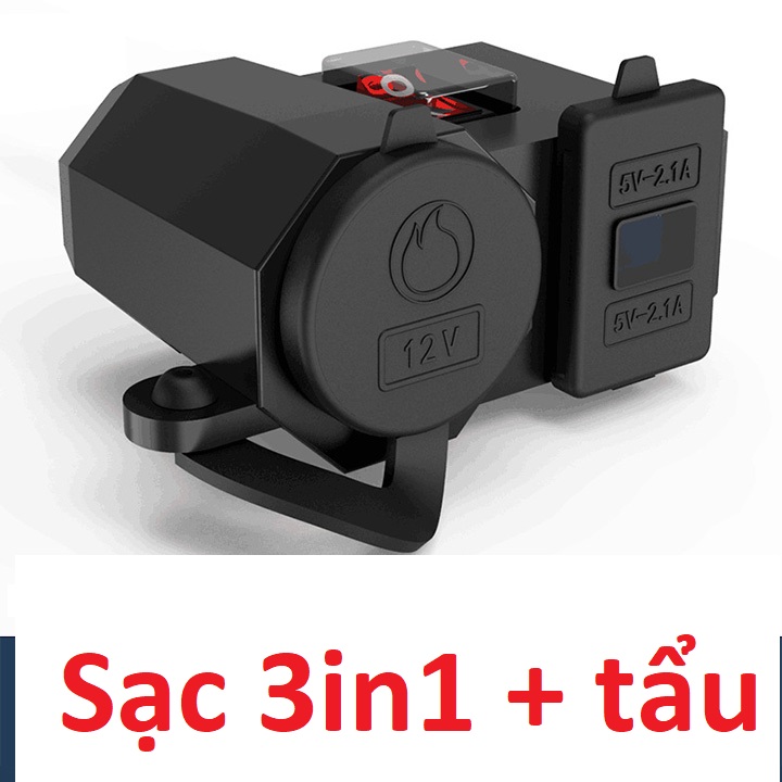 Sạc điện thoại gắn xe máy 3 trong 1, 2.1A có lỗ tẩu và màn hình hiển thị điện áp chống nước