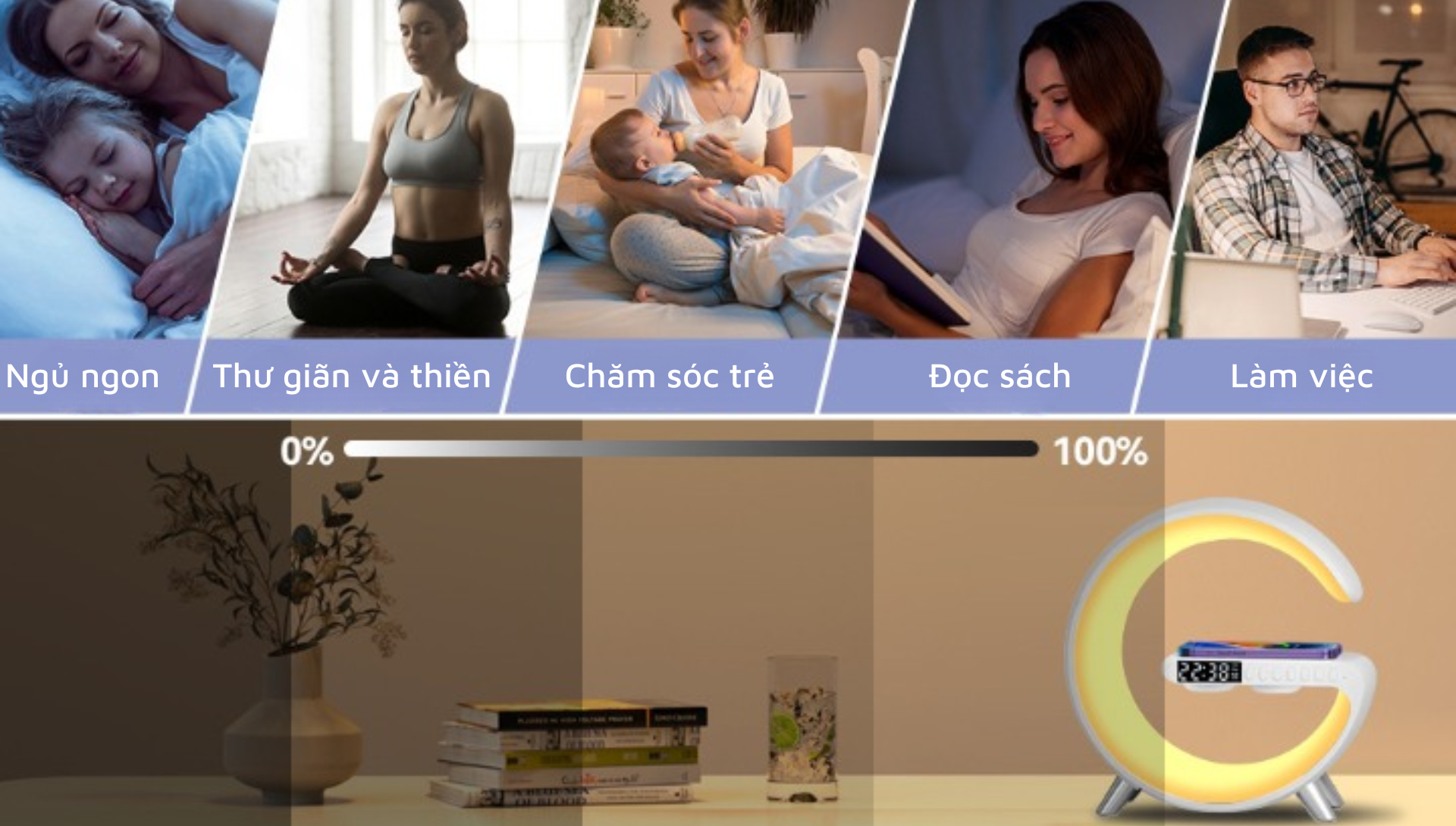 Loa Bluetooth 5.0 chữ G Thông Minh 4 chức năng Sạc Không Dây Báo Thức Đèn ngủ 265 chế độ sáng, thiết kế hiện đại