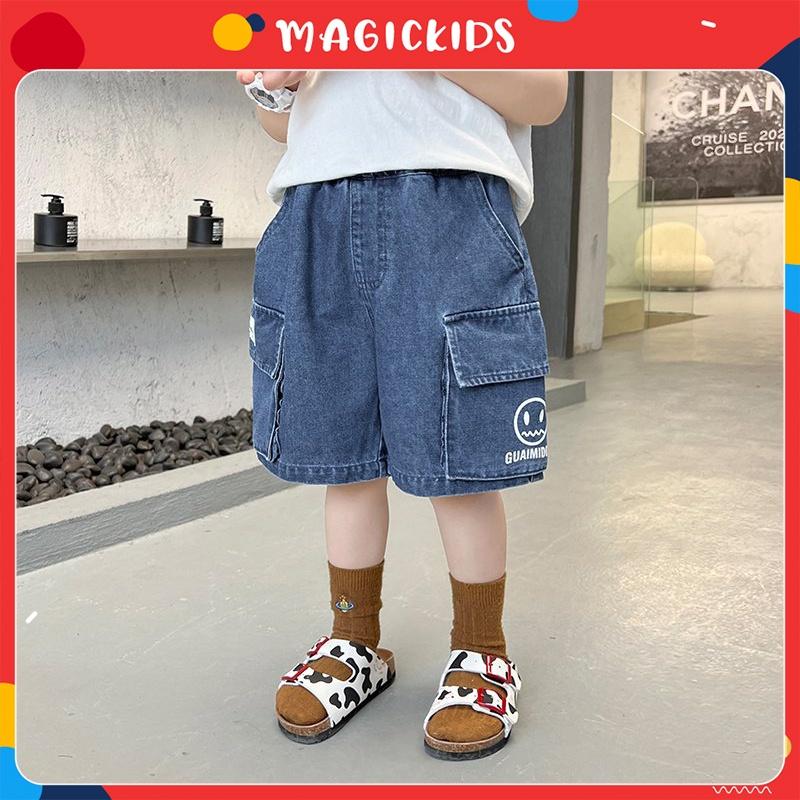 Quần short đùi jeans form rộng Magickids cho bé trai size đại 34kg túi in mặt cười Quần áo trẻ em đi học đi chơi QĐ22014