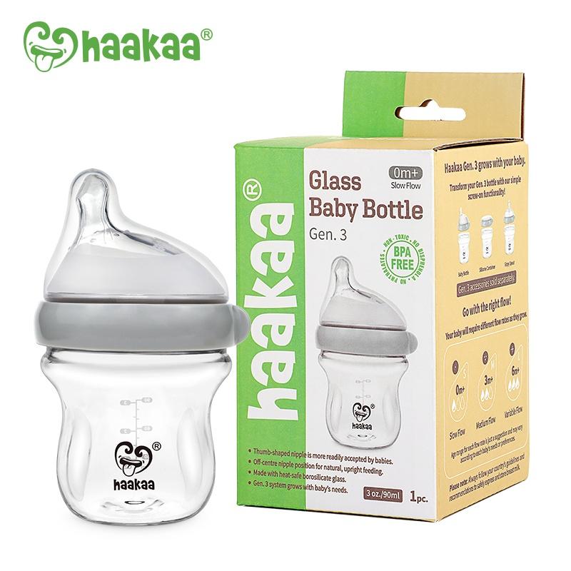 Bình sữa thủy tinh Gen.3 Haakaa. Không chứa BPA, PVC và phthalate. Chống sặc, chống đầy hơi cho bé. Dung tích 90ml và 160ml