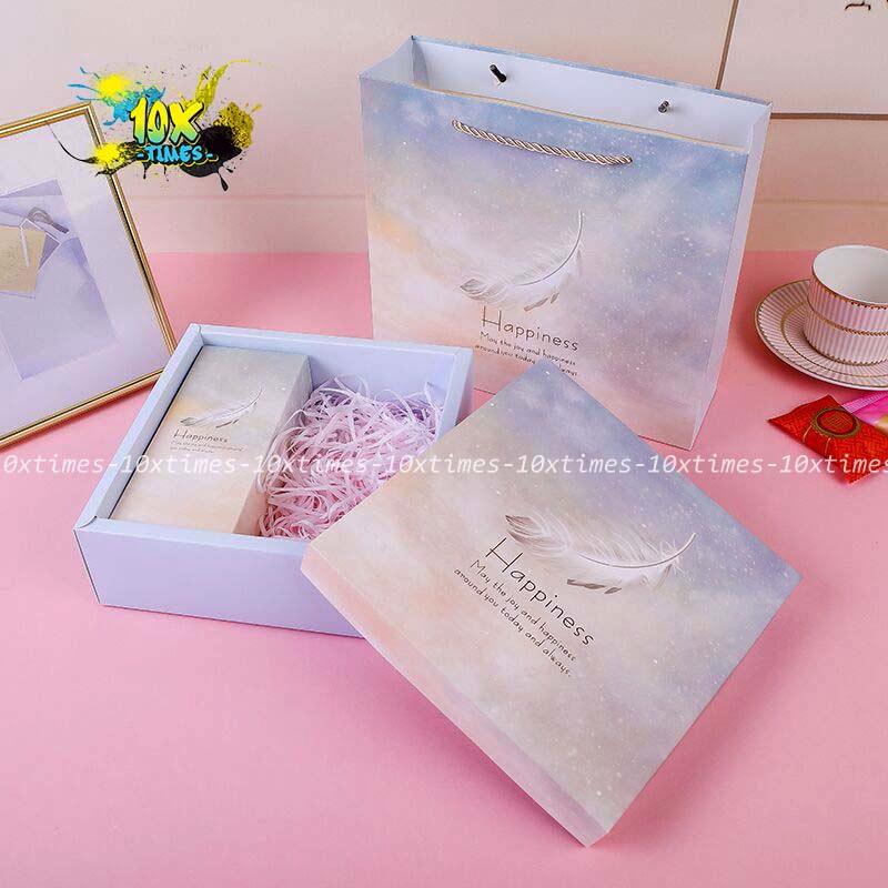 Set hộp túi giấy đựng quà tặng lông vũ tặng sinh nhật bạn gái trai đối tác valentine ngày lễ có quai