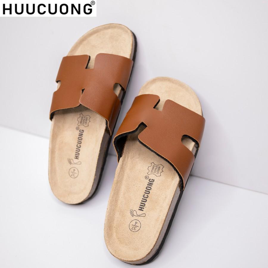 Dép unisex HuuCuong chữ H pu nâu đế trấu handmade