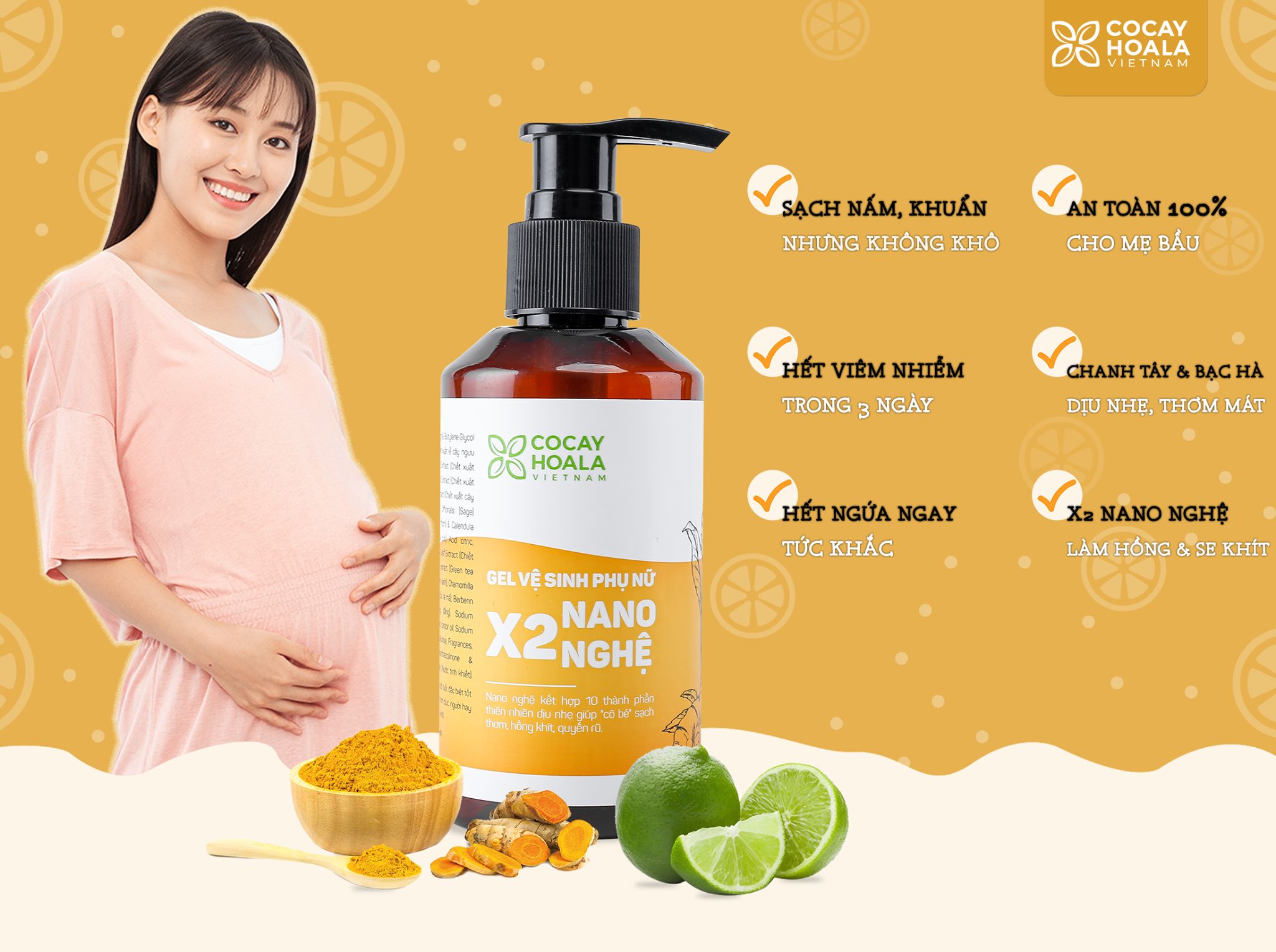 Combo Vùng Kín Thơm Tho Cho Mẹ Bầu &amp; Mẹ Sau Sinh COCAYHOALA gồm 1 Dung dịch vệ sinh X2 Nano Nghệ 150ml và 1 Nước hoa vùng kín Sexy 5ml