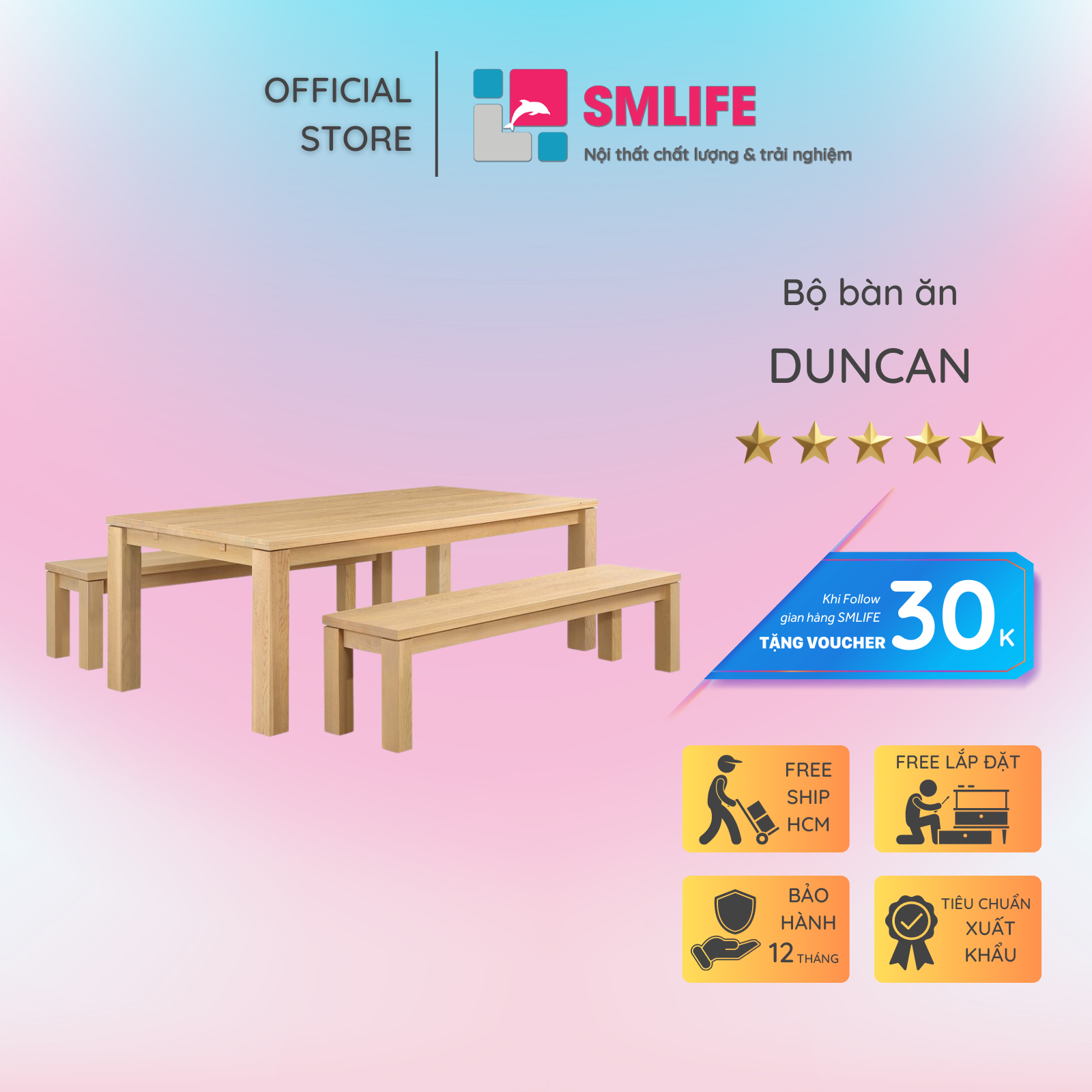 Bộ bàn ăn 2 ghế băng dài gỗ vân veneer sồi hiện đại SMLIFE Duncan Duncan | D152,4 x R99,1 x C74,9cm | gỗ Cao Su và Veneer Sồi