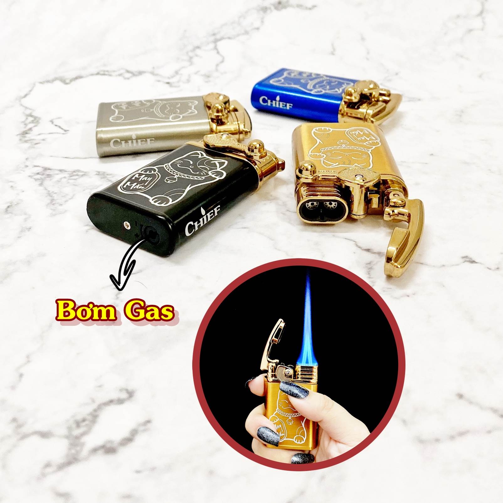 CF022-BẬT LỬA KHÈ CHIEF 2 TIA - BÚNG TAY ĐÁNH LỬA HÌNH MÈO MAY MẮN -
