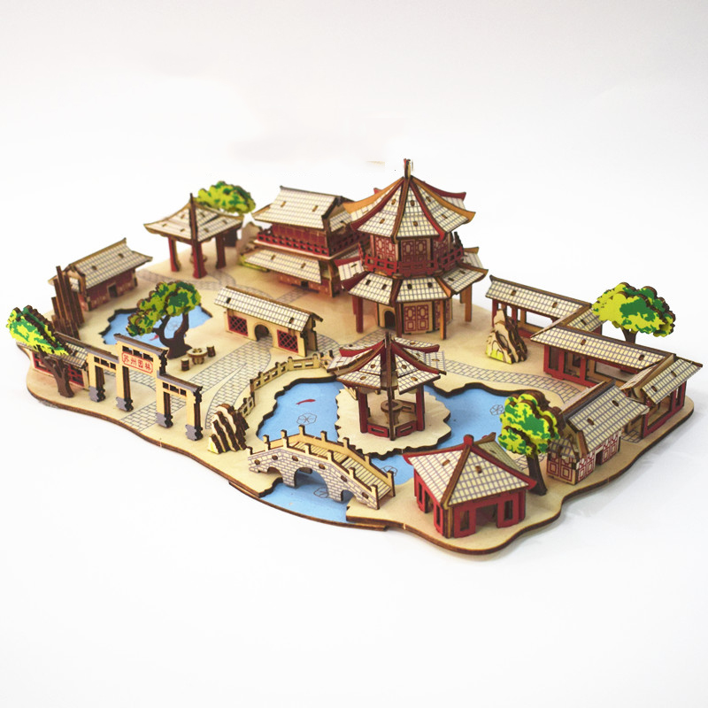 Đồ chơi lắp ghép gỗ 3D Mô hình Garden of Suzhou Nhà vườn Tô châu HZ01 Laser Kèm đèn LED