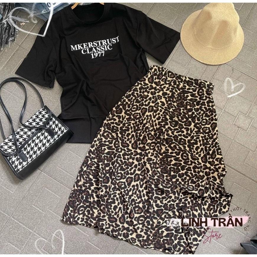 Sét Áo Phông Mix Chân Váy Midi Beo Nâu Áo Thun Đen Mix Chân Váy Linh Trần Storee