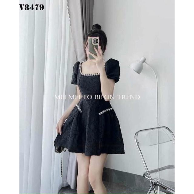 Đầm kiểu nữ thời trang chất gấm cổ vuông có mút đính cườm tay búp váy xoè quyến rũ DSS241