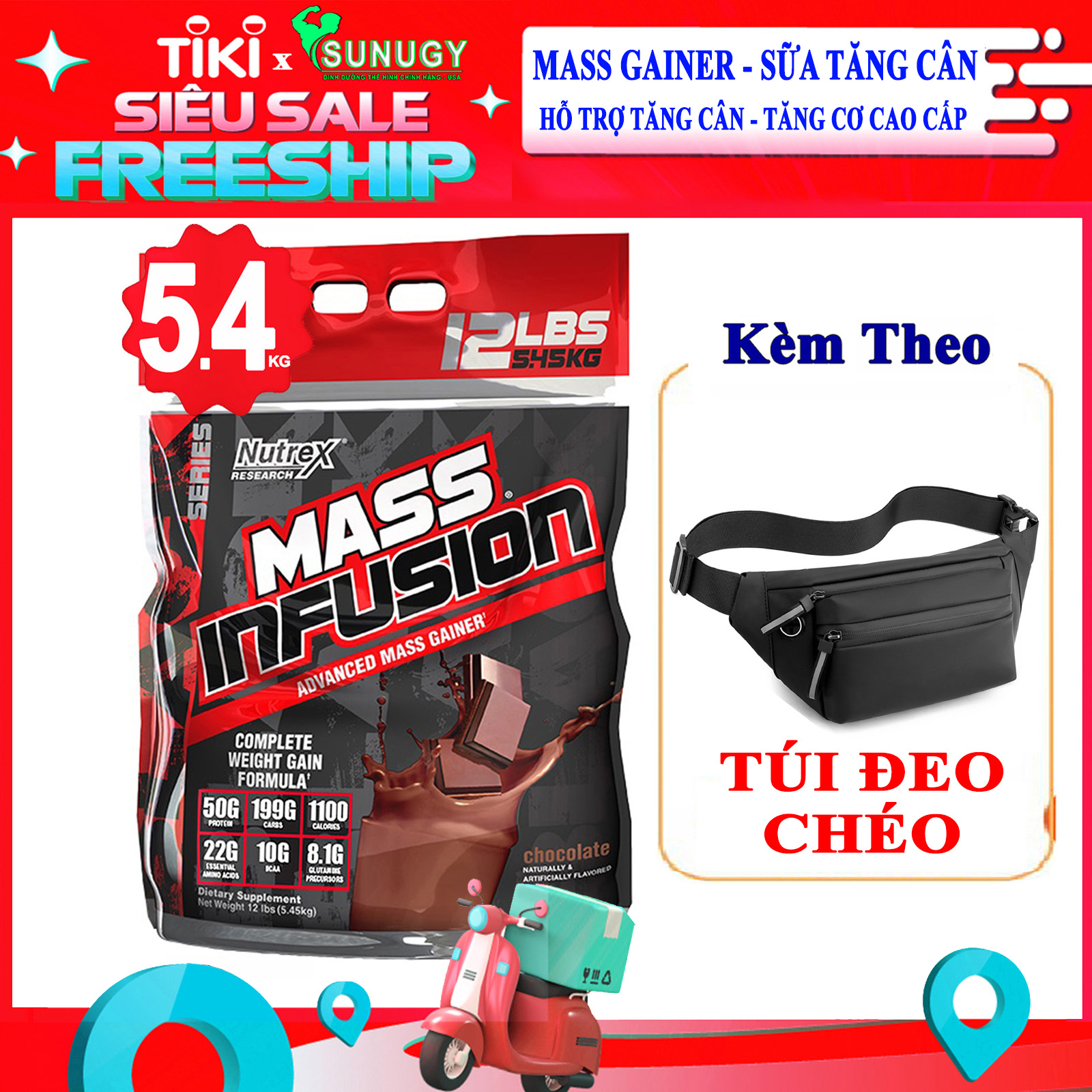 Combo Sữa tăng cân tăng cơ Mass Infusion của Nutrex bịch lớn 5.45 kg hỗ trợ tăng cân, tăng cơ, có enzim tiêu hoá cho người dị ứng lactose & Túi đeo chéo