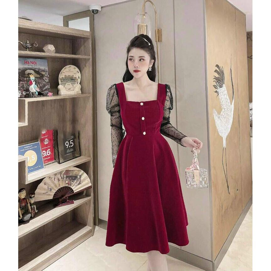 Gunkaymatter Đầm Xòe Cổ Vuông Cài Nút Tay Phối Lưới Chất Liệu Umi Phối Lưới Sang Chảnh