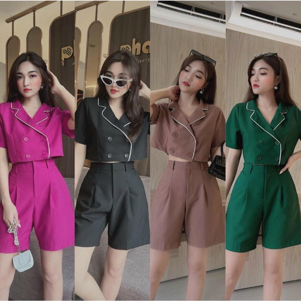 Sét bộ đùi nữ áo kiểu croptop chạy viền đính nút kèm quần đùi năng động