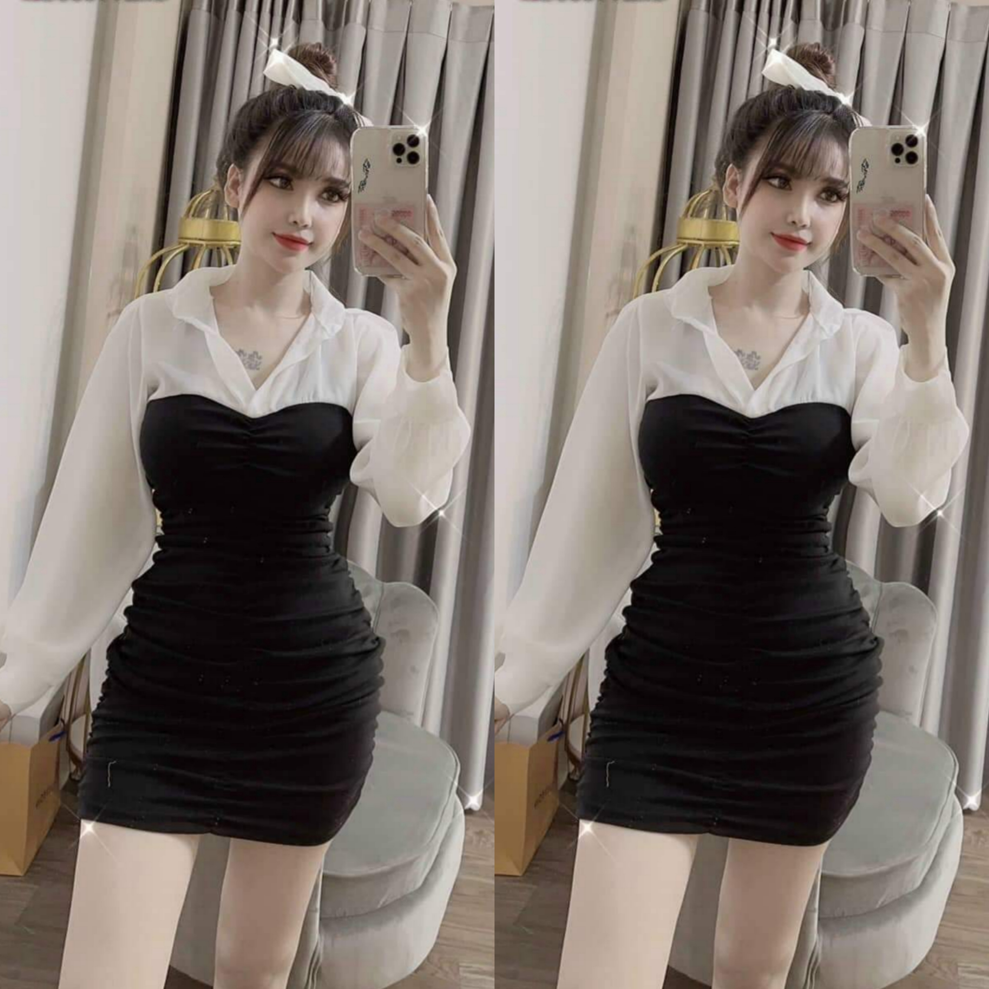 Đầm Body Phối Màu Cổ sơ mi tay dài nhúng thân HÀNG THIẾT KẾ