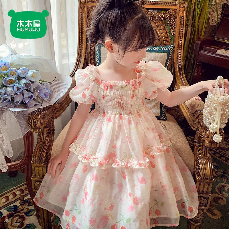 DONGSHOP Váy cho bé gái 2023 phong cách phương Tây cô gái nhỏ mảnh hoa lưới váy Hàn Quốc mùa hè bé công chúa váy ẩm ướt