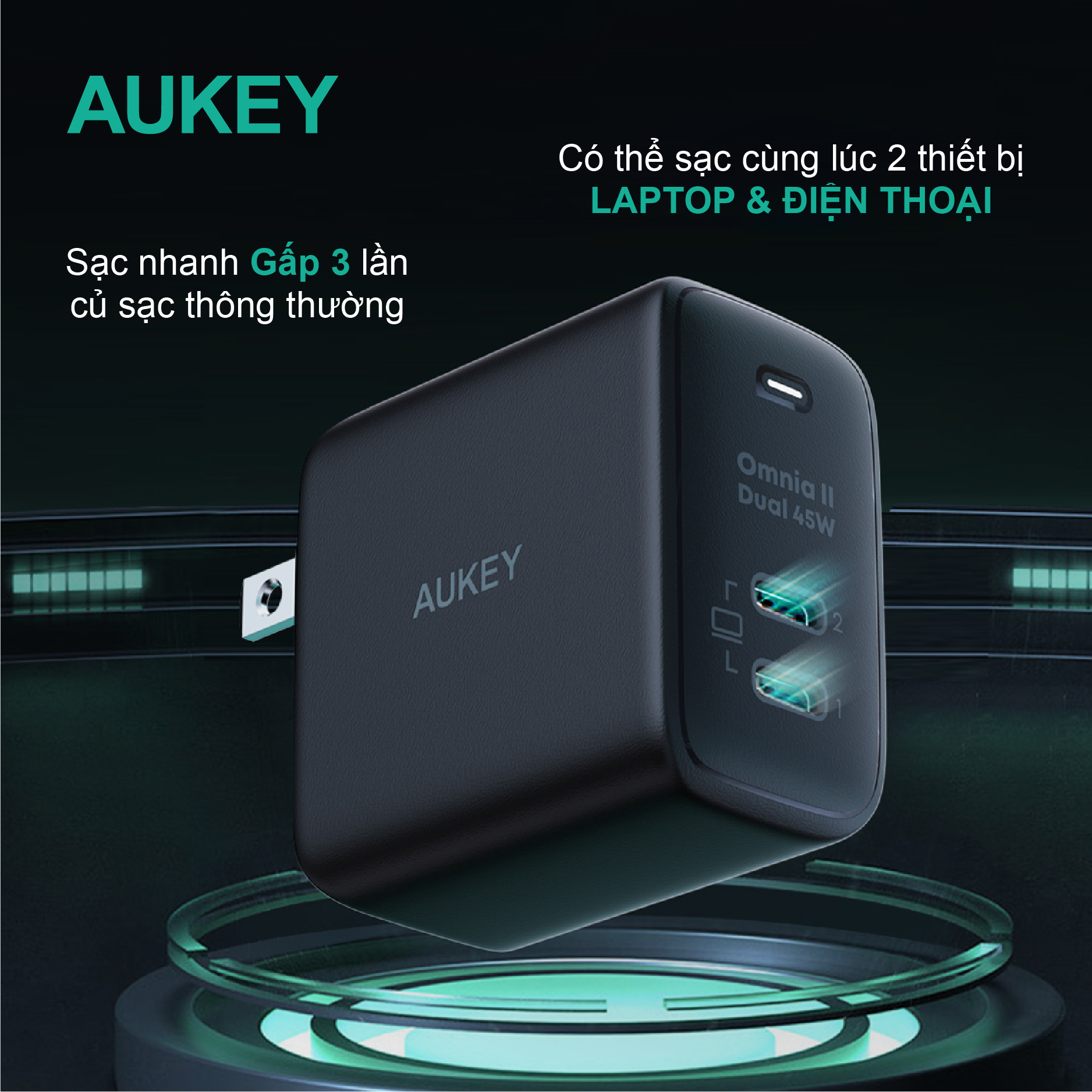 Củ sạc nhanh PD 45W Aukey PA-B4T 2 cổng, chấu gập, hàng chính hãng