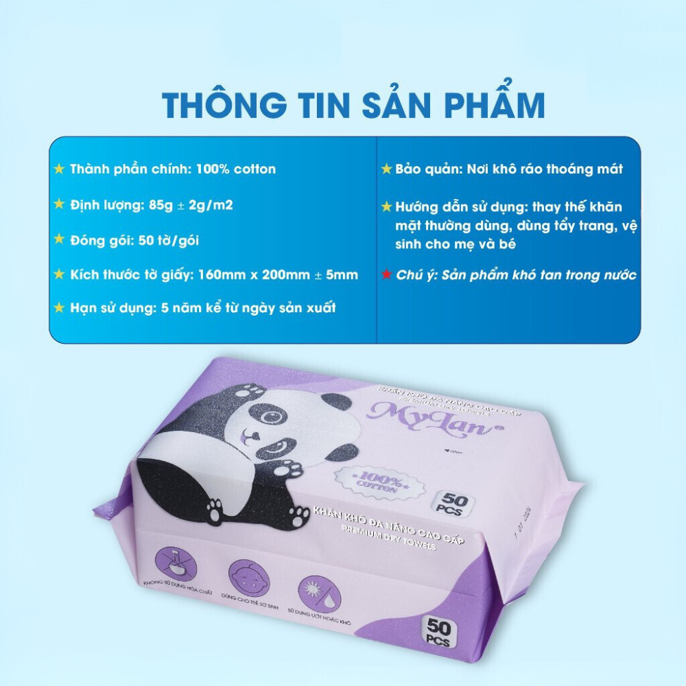 Khăn Lau Mặt Khô Đa Năng Mylan An Toàn Cho Da Không Chất Huỳnh Quang Vải Không Dệt 100% cotton thực vật tự phân hủy