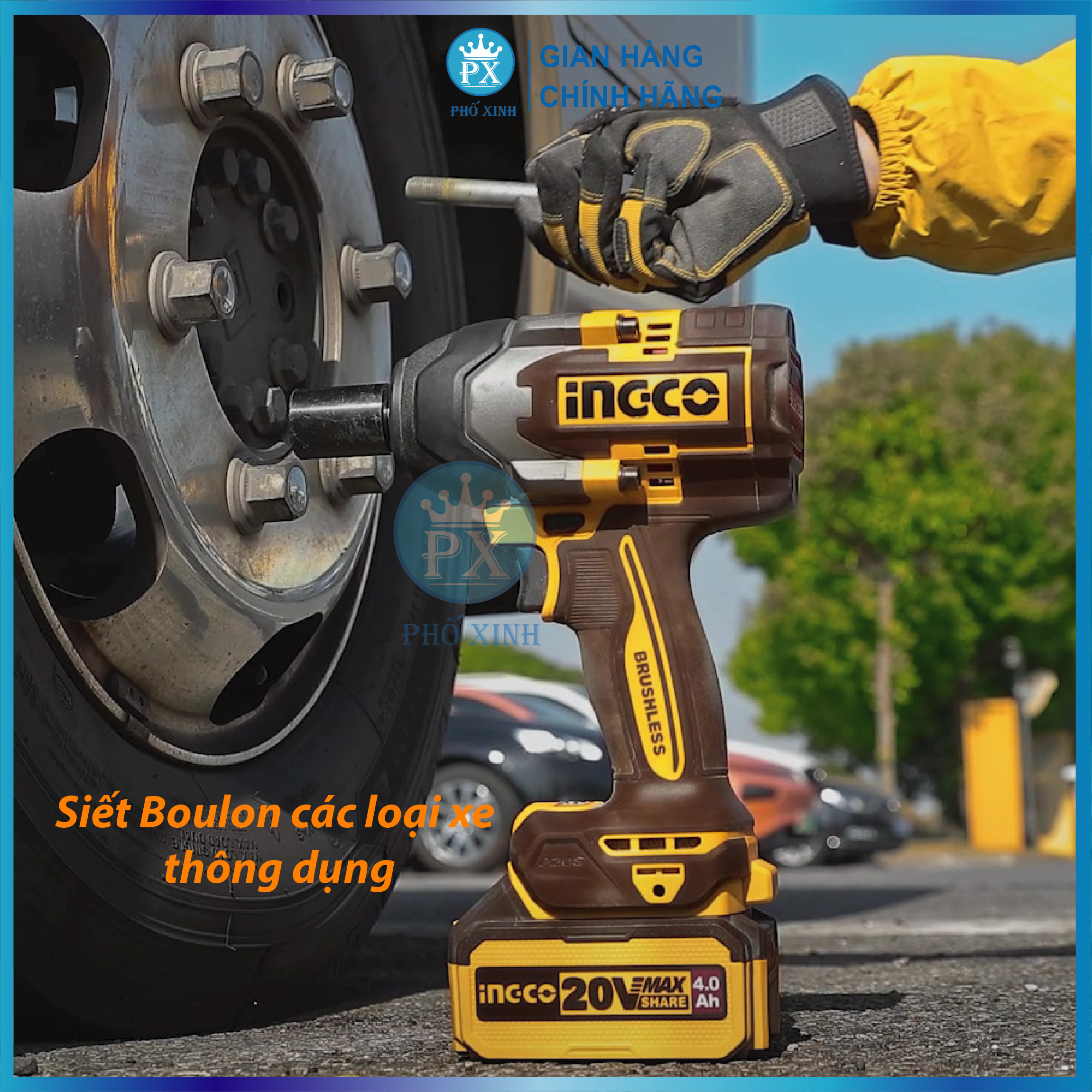 Máy siết bulong INGCO 850NM xe ô tô xe máy xe tải tháo mở ốc bulong pin KHÔNG CHỔI THAN CIWLI2085 kèm 1 sạc 2 pin 4ah