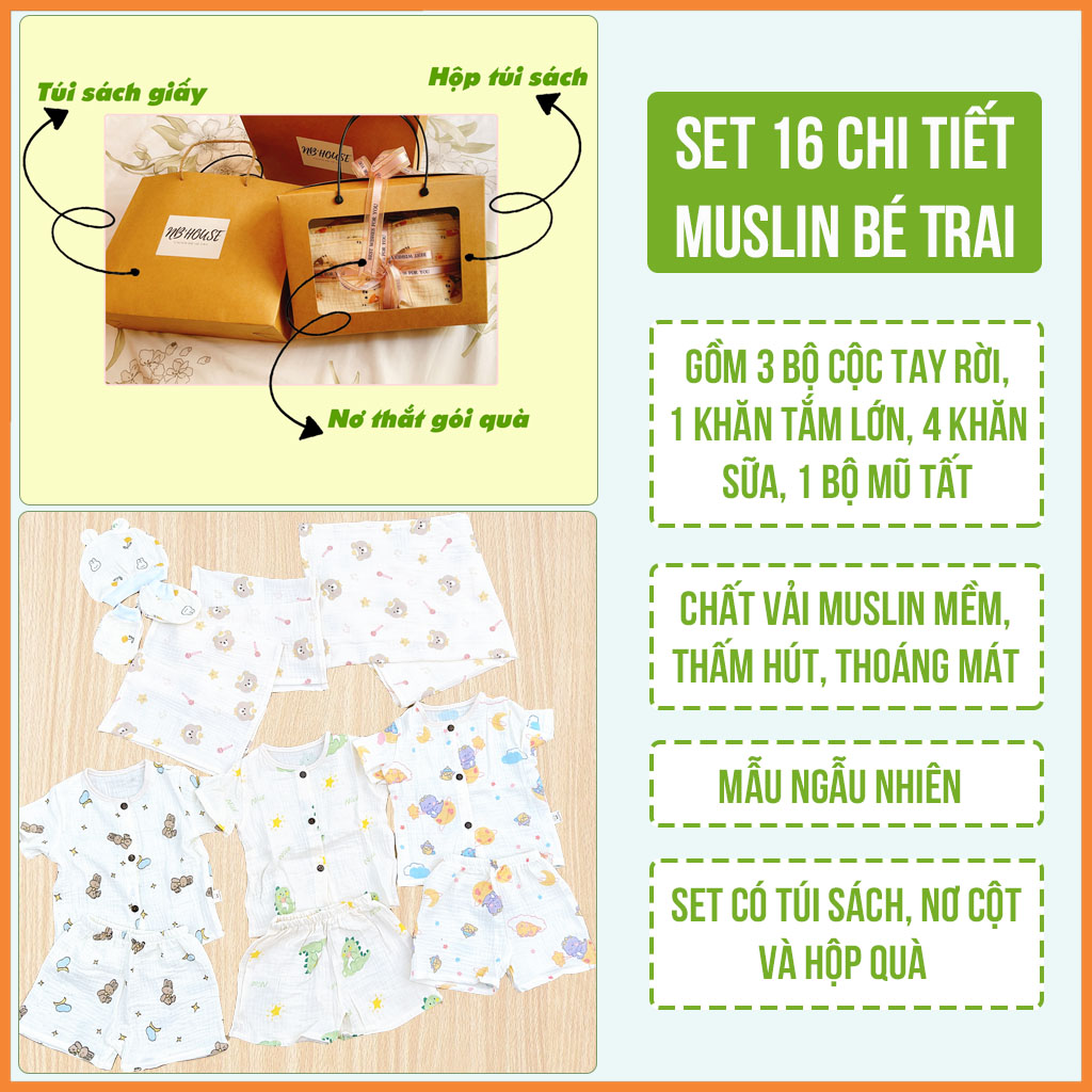 Set Quà Tặng Sơ Sinh Đầy Tháng Chất 16 Chi Tiết Chất Muslin Cho Bé Trai NB House Kids