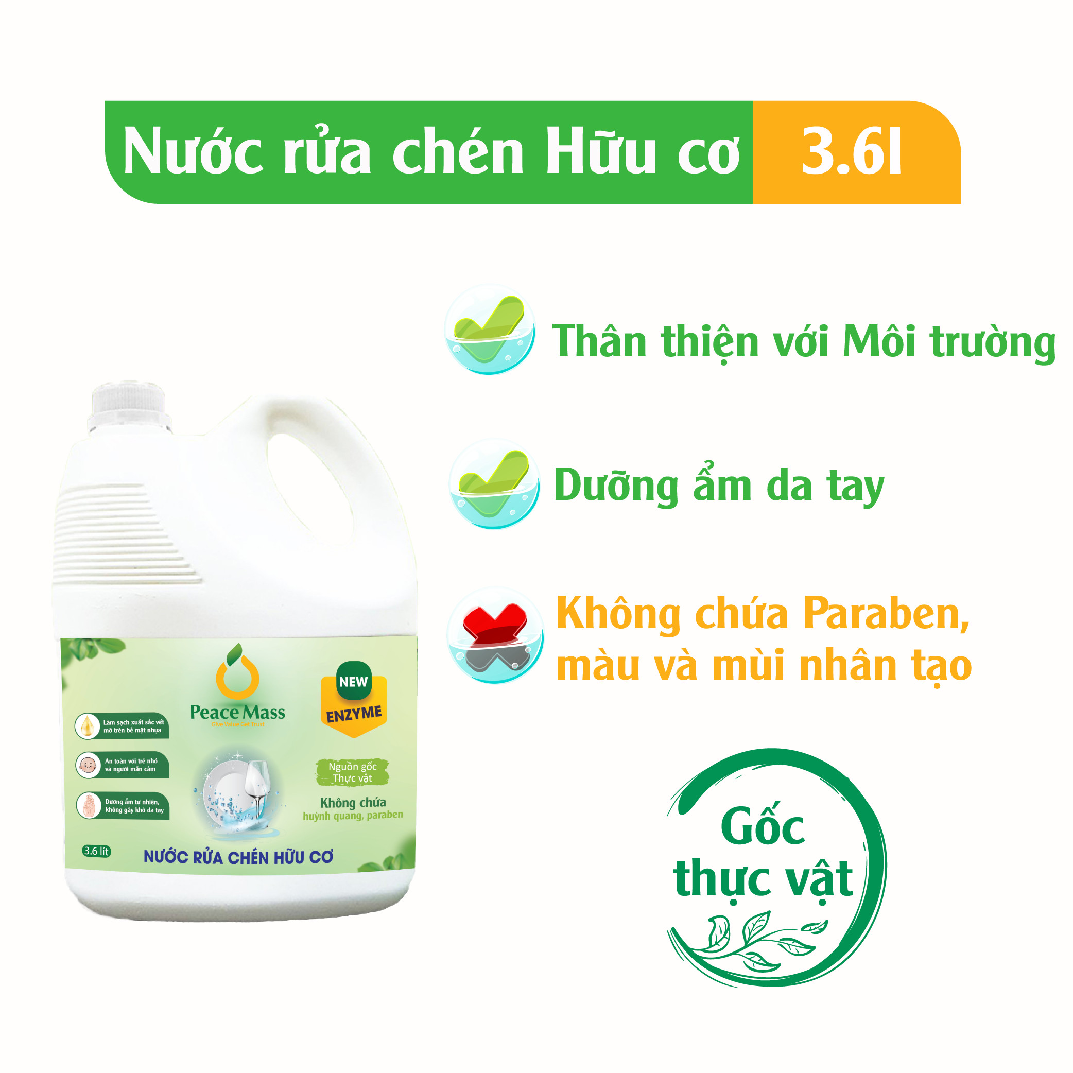 Nước Rửa Chén Gốc Thực Vật Peace Mass Công Nghệ Enzyme Rửa Sạch &amp; Không Lưu Mùi - Can 3.6l (Thuộc nhóm Sản phẩm Lành tính / Hữu cơ)