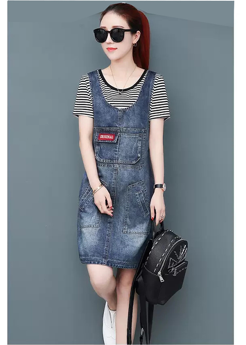 Đầm Yếm Jean Nữ Thêu Logo Thời Trang
