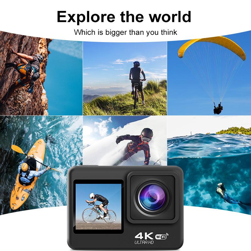 Camera hành động 4K WiFi Màn hình kép 170 ° Góc rộng 30m Máy ảnh thể thao chống thấm nước với bộ phụ kiện gắn điều khiển từ xa