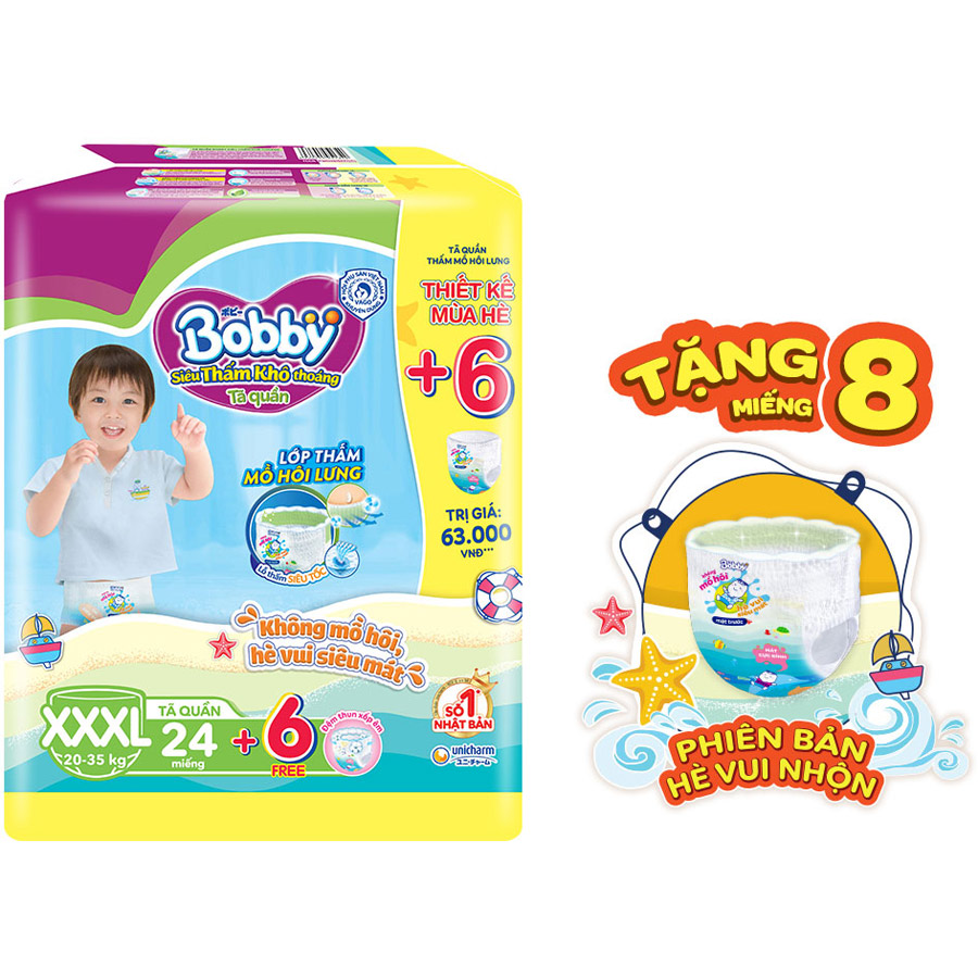 Tã Quần Bobby Đệm Lưng Thấm Mồ Hôi XXXL24 (24 Miếng) - Tặng 6 Miếng Phiên Bản Hè Vui Nhộn