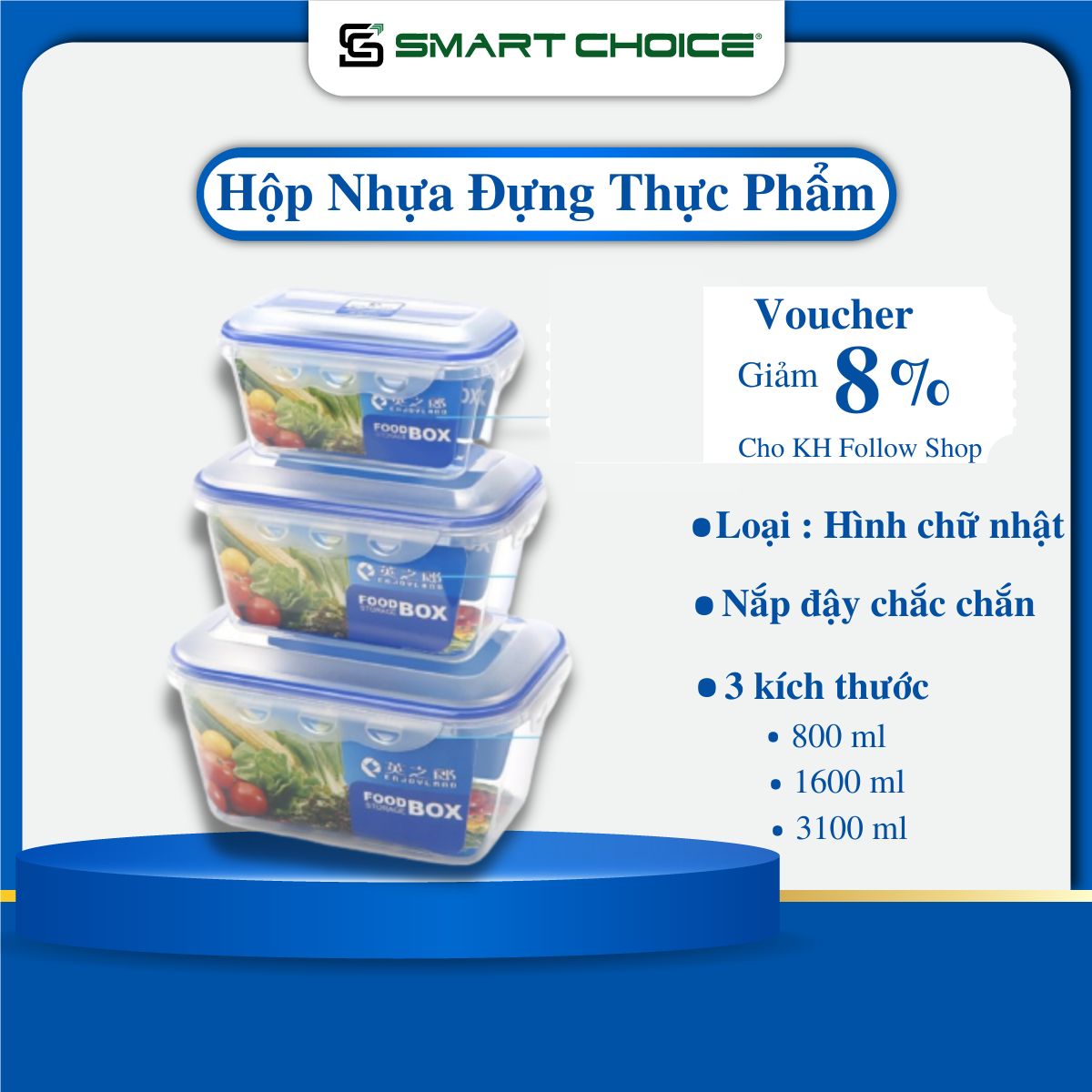 Hộp Nhựa Đựng Thực Phẩm SMARTCHOICE Cao Cấp, Hộp Đựng Thức Ăn Dùng Cho Tủ Lạnh, Lò Vi Sóng, An Toàn Cho Sức Khỏe, Đủ Size 800ml-1600ml-3100ml - Hình Chữ Nhật